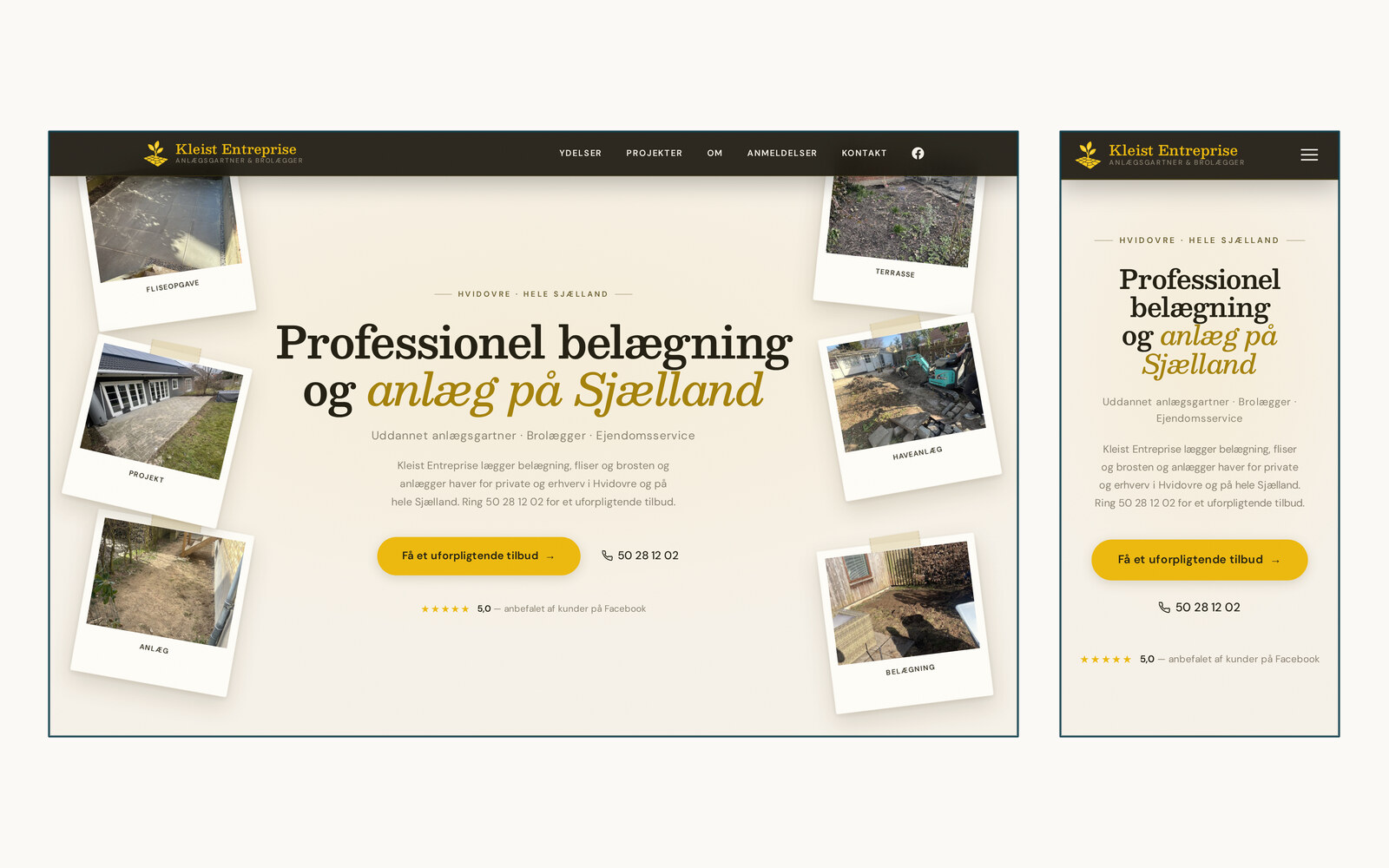 Forsiden på kleist-entreprise.dk vist på computerskærm og telefon. Overskriften lyder Professionel belægning og anlæg på Sjælland, omgivet af billeder fra egne opgaver.