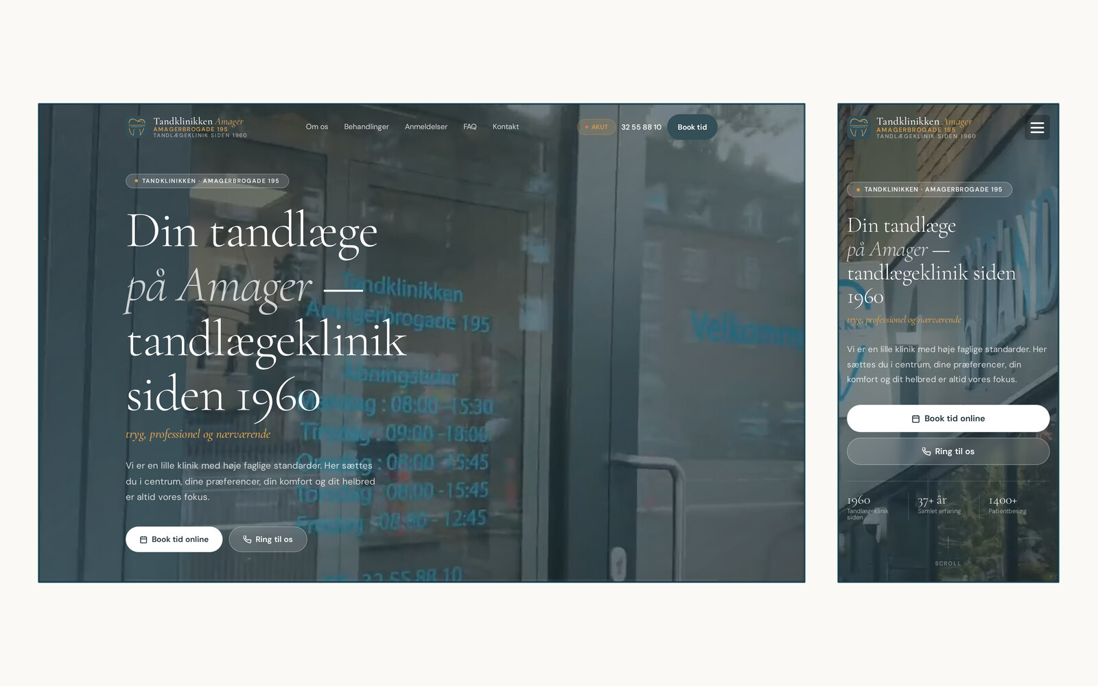Forsiden på tandklinikkenamager.dk vist på computerskærm og telefon. Overskriften lyder Din tandlæge på Amager, tandlægeklinik siden 1960, oven på en video fra klinikken.